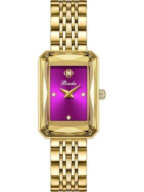 Women's Gold Purple Vintage Rectangular Case Stainless Steel Band Wrist Watch